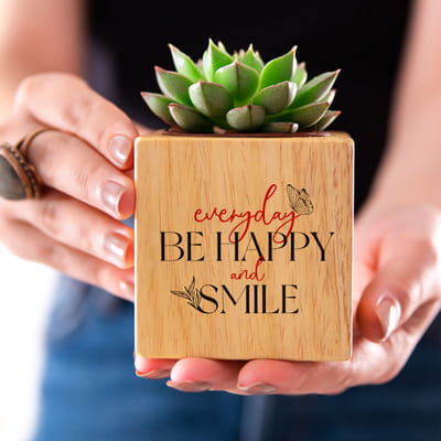 Everyday Be Happy And Smile Tasarımlı Ahşap Saksılı Sukulent